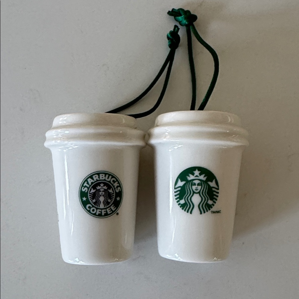 Starbucks Green and White Ceramic Cup Ornaments (old & new Logo) ✨ Set of 2